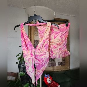 No Vacancy Pink Swirl Two-Piece Set - Halter Top & Mini Skirt Small